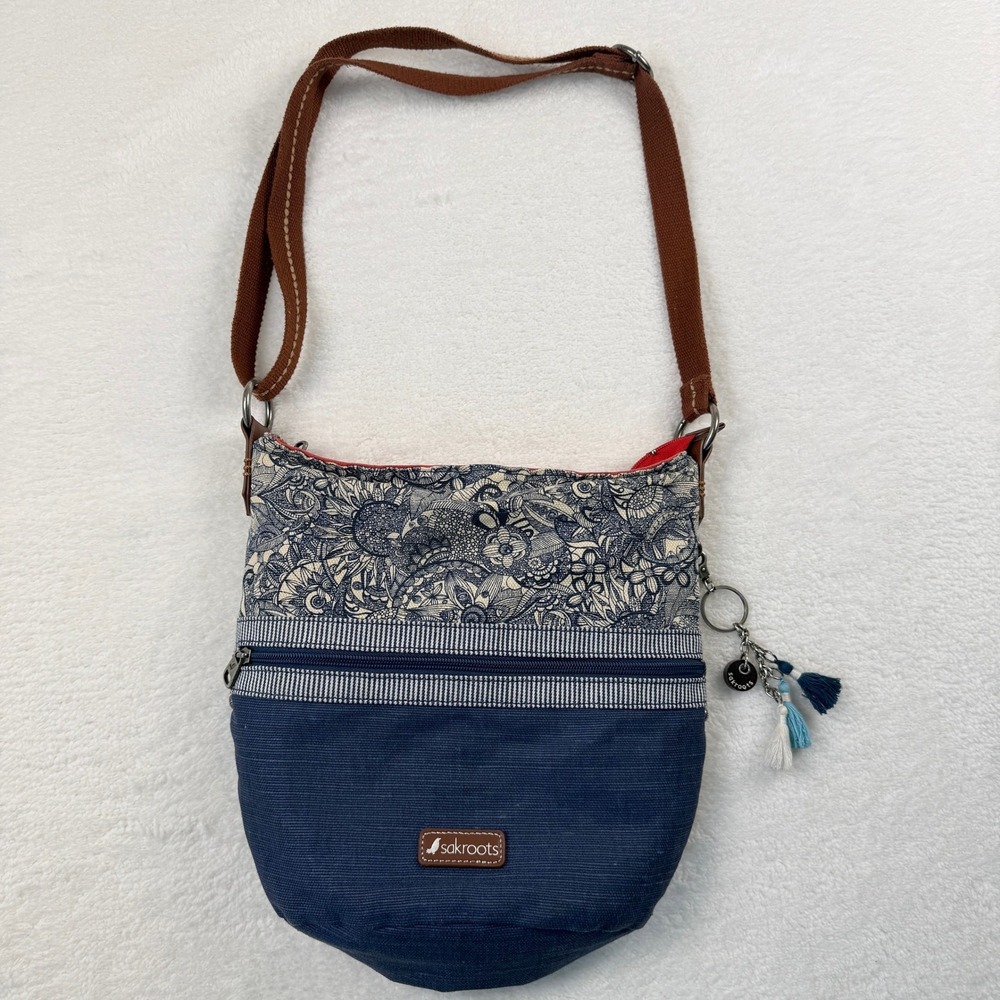 Sakroots Crossbody Bag Blue Floral‎ Canvas Boho Artist Circle Adjustable Strap